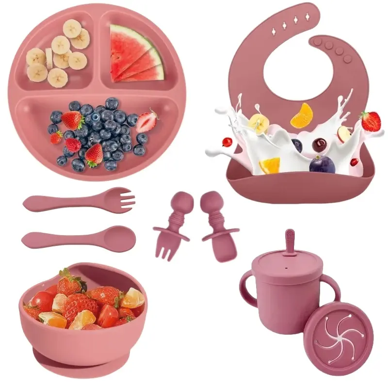 Set vaisselle bébé silicone sans BPA Mybooni — Bol ventouse assiette tasse couverts