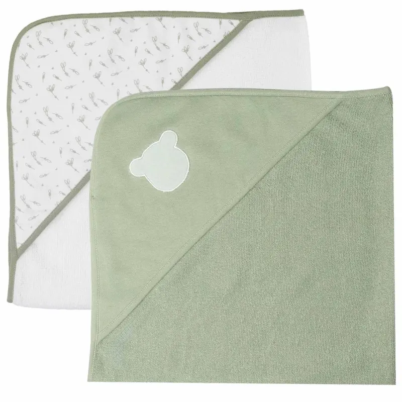 Sortie de bain bébé – Lot de 2 capes de bain avec capuche Vert ourson