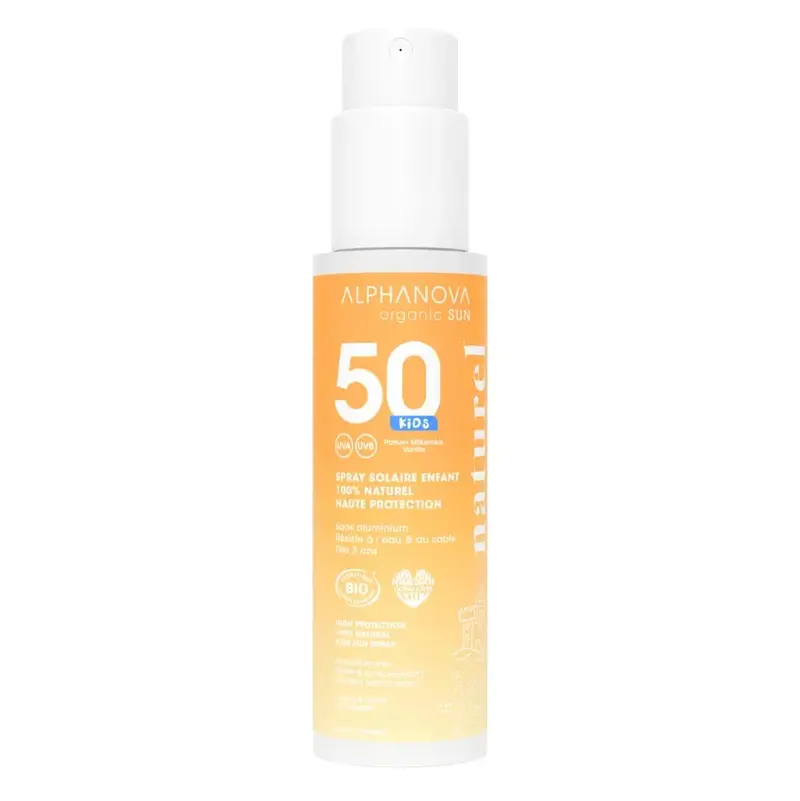 Spray solaire enfant SPF 50 filtres minéraux Alphanova Sun