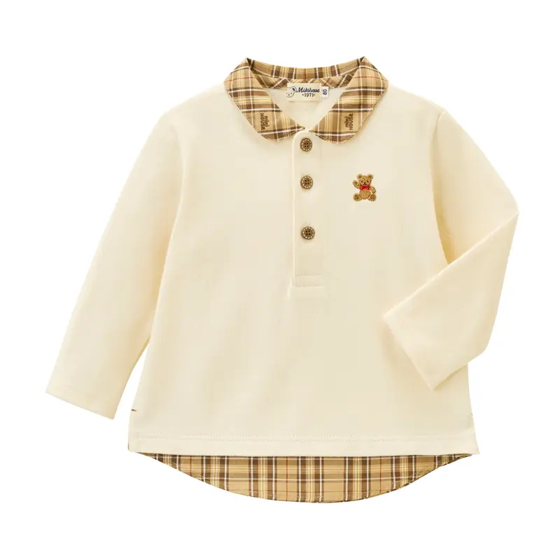 T-SHIRT BEIGE & CRÈME MANCHES LONGUES À CARREAUX