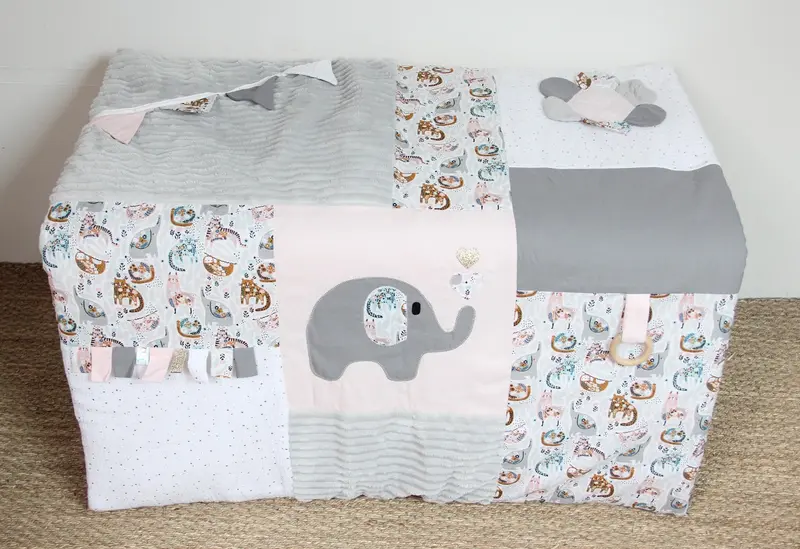 Tapis d'éveil - Collection Eléphant - Rose/Gris - Fabrication artisanale