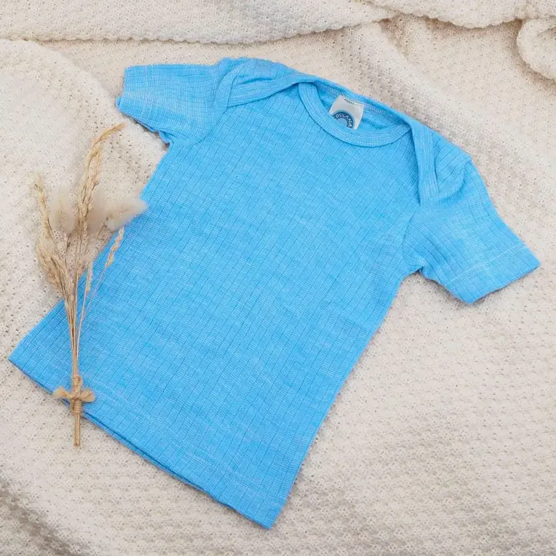 Tee-shirt manches courtes en laine, soie et coton bio Cosilana - Bleu