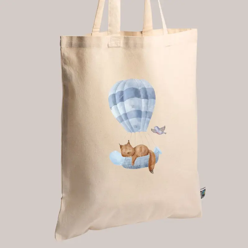 Tote bag écureuil sur montgolfière en coton biologique
