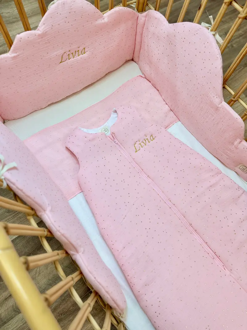 Tour de Lit Nuage Bébé en Double Gaze de Coton – Rose baby et Or
