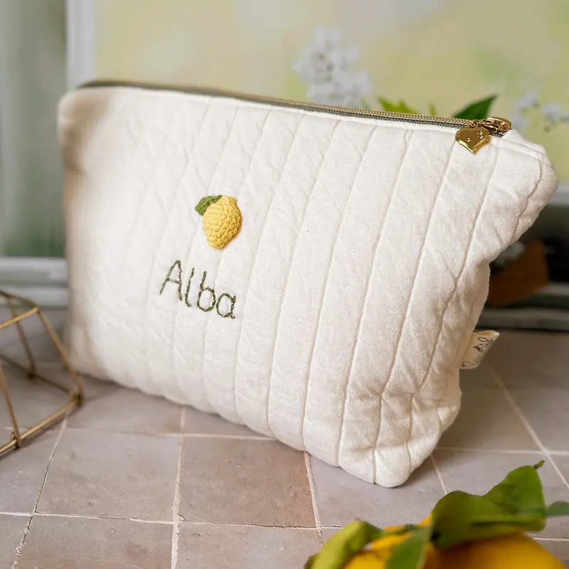 Trousse de toilette matelassée personnalisée - Écru motif citron